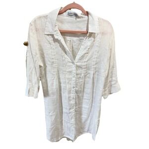 Biggie Best Long White Linen Shirt Dress Tunic – Pleated Front | Resort Chic S/M